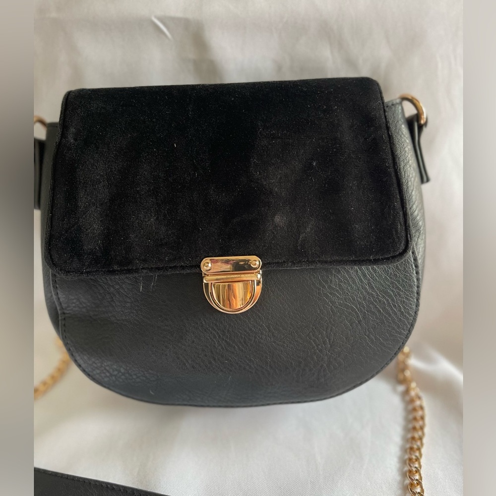 Black Faux Leather and Suede Purse with Gold Chain